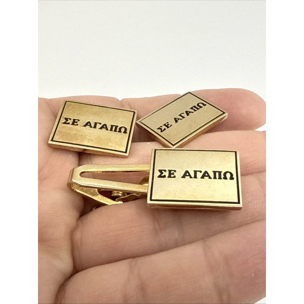 Men's Cufflinks Tie Clip Greek Letters I Love You Pioneer Goldtone Set